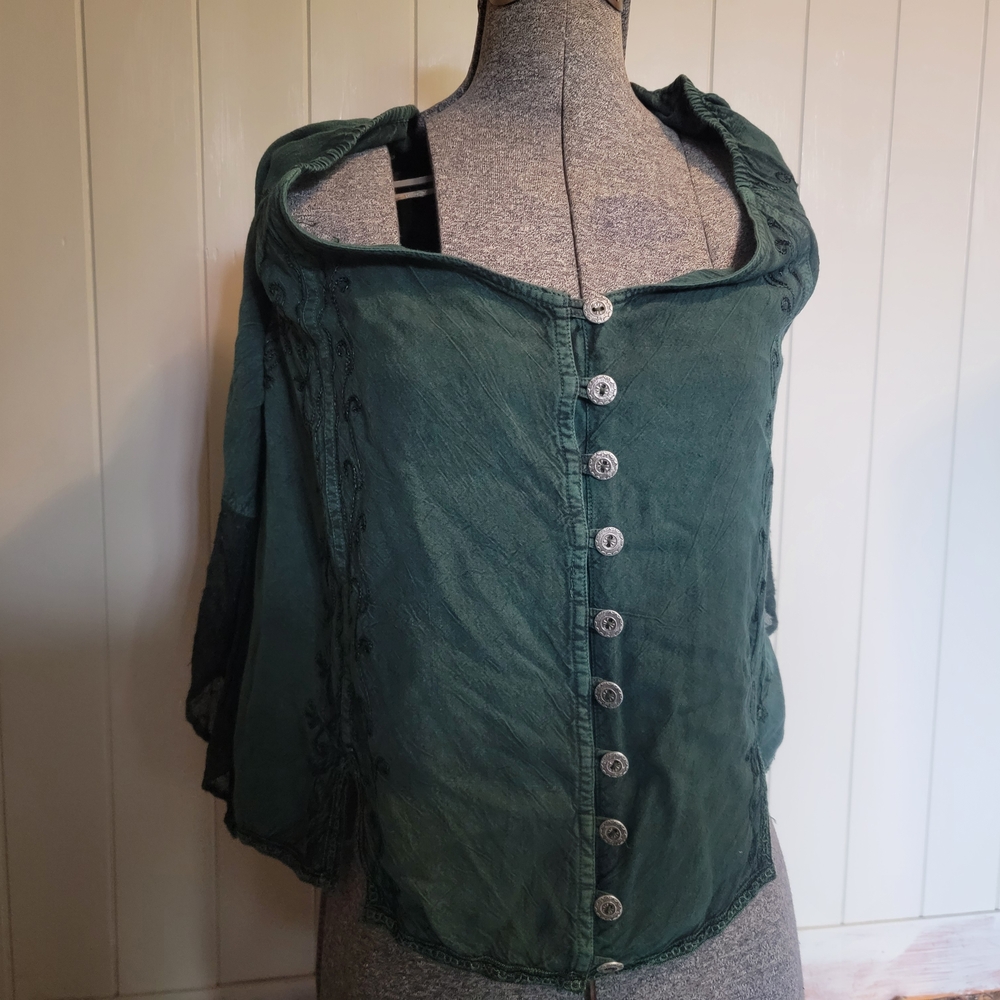 Green Puff Sleeve Ruched Blouse